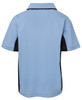 A light blue polo shirt with short sleeves and black side panels, featuring a logo on the front.