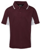 A maroon polo shirt with white side panels and a collar, featuring a branded logo on the neckline.