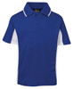 A blue and white polo shirt featuring a collar, short sleeves, and a logo on the chest.
