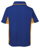 A blue polo shirt with yellow accents and a collar, featuring a logo on the back.
