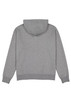 A grey zip-up hoodie with a hood and ribbed cuffs. The back view displays a simple, clean design and features a logo.