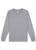 A grey long sleeve t-shirt with a crew neckline and a tag inside, featuring a brand logo.