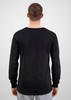 A black long sleeve men’s t-shirt with a crew neck, featuring a plain back view.