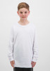 A white long sleeve tee designed for kids, featuring a simple, classic fit and a logo on the front.