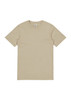 A beige short sleeve t-shirt with a round neckline and a label inside the collar. It features a logo.