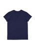 A navy blue short sleeve women's t-shirt featuring a simple design and a logo on the back.