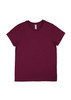 A burgundy short sleeve tee with a round neckline and a logo on the label.