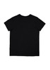 A black short sleeve women's t-shirt with a plain back and a logo on the neckline.