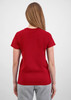A red women's short sleeve tee is displayed from the back, featuring a simple design and a fitted silhouette.