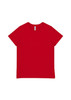 A red women's short sleeve tee featuring a simple design and a branding label.