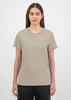 A women's short sleeve tee in a muted beige colour, featuring a simple design and a logo on the front.