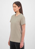 A beige short sleeve women's t-shirt with a round neckline, featuring a logo on the front.