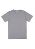 A grey short sleeve men's t-shirt with a simple design and a label at the neckline.