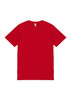 A red short sleeve t-shirt featuring a plain design and a branding label.