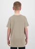 A khaki short sleeve T-shirt for kids, featuring a simple design and a logo on the back.