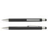 A black stylus pen with silver accents, featuring a smooth writing tip and a touch screen end. It has a logo.