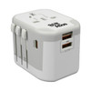 A compact white power adapter with multiple plug options and USB ports. It features a visible logo on one side.