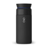 A drink bottle in matte black with a lid. It features a logo and a blue accent around the top.