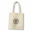 A cream-coloured recycled cotton tote bag with a circular logo featuring a tree design and text.