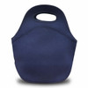 A navy neoprene lunch bag with a handle, featuring a smooth exterior and rounded shape. It includes a branding logo.