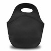 A black neoprene lunch bag featuring a rounded top handle and seamless sides. It has a simple, sleek design.