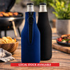 A drink bottle holder in navy blue and black neoprene with a zipper design, suitable for beverage bottles.