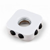A white decompression finger spinner with three black buttons and a central bearing. It has a smooth, square design.