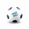 A white high bounce soccer ball with black patches and a logo featuring the words "PASS THE BALL."