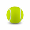 A bright yellow tennis ball featuring white stripes and a smooth surface, with a logo displayed.