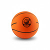 An orange basketball with black lines and a logo printed on it.
