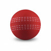A red high bounce cricket ball with white stitching patterns and a smooth surface. The ball features a logo.
