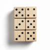 A set of six wooden yard dice, featuring a light natural wood finish with black dots.