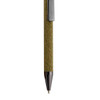 A pen with a textured, green cork grip and a shiny black tip, featuring a clip for attachment.