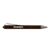 A brown pen with a textured surface, featuring a clip and a logo.