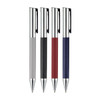A set of four Geneva Metal Pens in grey, black, red, and navy, featuring a textured grip and chrome accents.