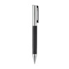 A metal pen with a black textured grip and chrome accents, featuring a clip for easy attachment.
