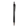 A black metal pen with a sleek design and a clip, featuring a silver tip. It has a logo on the barrel.