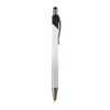 A metal pen with a sleek white barrel and black accents, featuring a clip and shiny silver tip.
