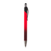 A metal pen with a red gradient finish and a black grip, featuring a clip and a shiny silver tip.