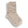 A pair of light beige ribbed socks with a soft texture, featuring a subtle design and a branded logo.