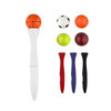 A white pen with a fidget spinner top featuring a basketball, soccer ball, tennis ball, and solid colour balls in red, purple, and black.