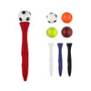 A red fidget spinner pen with a soccer ball top and four interchangeable sports balls: orange, tennis, purple, and black.