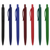 A collection of pens in black, blue, burgundy, red, and green, featuring a simple design and clip for ease of use.