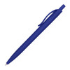 A blue plastic pen with a smooth finish and a clip for attachment. It features a logo on the barrel.