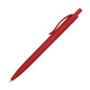 A red plastic pen with a sleek design and a clip for securing to notebooks or pockets. It features a branding logo.