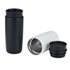 A drink bottle set featuring a black vacuum mug and a white vacuum mug, both with stainless steel interiors and lids.