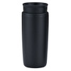 A stainless steel vacuum mug in matte black finish with a simple design and a logo. Ideal for travel use.