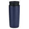 A drink bottle in navy blue with a black lid, featuring a smooth finish and a logo. Suitable for travel.