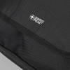 A black travel backpack with a textured surface and a brand logo.