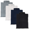 A hooded towel in grey, white, navy, and black, featuring a front pocket and fringed edges. The towel has a logo.